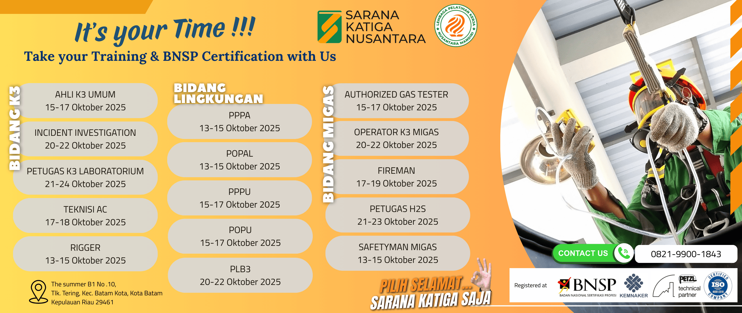 jadwal training k3 umum sertifikat BNSP batam